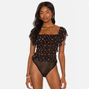 Free People Intimately - Black Floral Julie Ruched Bodysuit - Extra Small